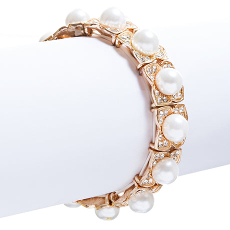 Bridal Wedding Jewelry Crystal Rhinestone Elegant Faux Pearl Bracelet B356 Gold