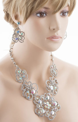 Bridal Wedding Jewelry Set Crystal Rhinestone Chunky Floral Necklace Silver AB - Accessoriesforever