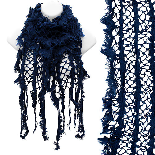 Vintage Net Design Furry Edge Detail Fringes Fashion Style Scarf Royal Blue