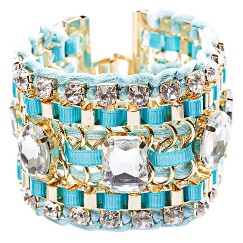 Beautiful Stone Fabric Crystal Rhinestone Latch Fashion Wide Bracelet B456 Blue