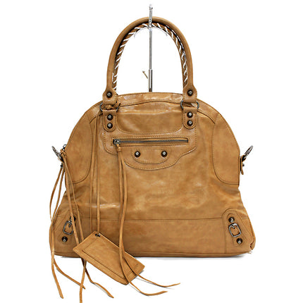 Faux Leather Leatherette Tassels Washing Design Flat Satchel Handbag Bag Khaki - Accessoriesforever