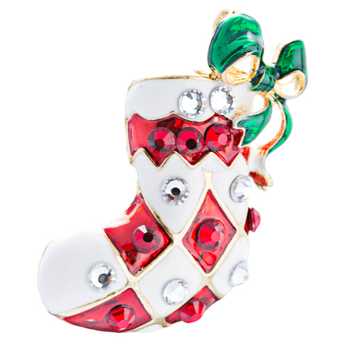 Christmas Jewelry Red White Sock Green Ribbon Gold Tone Crystal Charm Pin Brooch