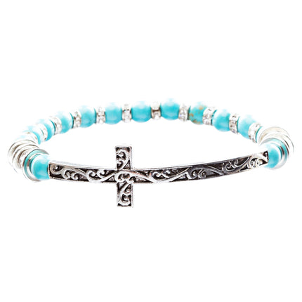 Lovely Crystal Rhinestone Cross Design Fashion Statement Bracelet B472 Turquoise