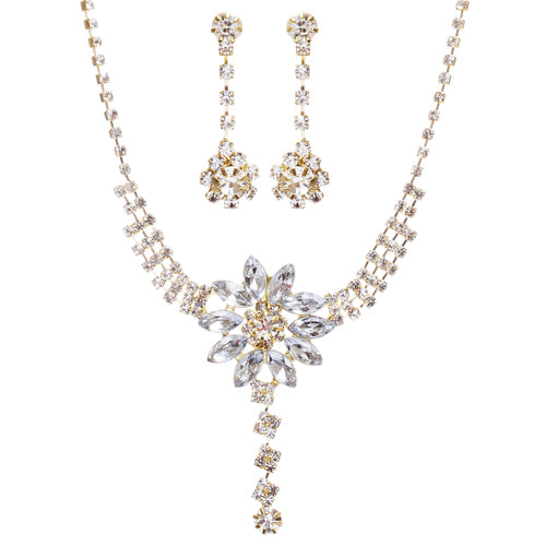 Bridal Wedding Jewelry Prom Rhinestone Pretty Floral Necklace Set J656 Gold