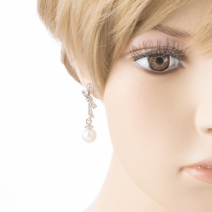 Bridal Wedding Jewelry Crystal Rhinestone Knot Pearl Dangle Earrings Silver - Accessoriesforever