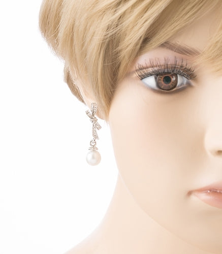 Bridal Wedding Jewelry Crystal Rhinestone Knot Pearl Dangle Earrings Silver - Accessoriesforever