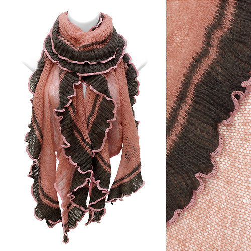 Duo Tone Elastic Style Ruffle Edge Trim Fashion Scarf Pink