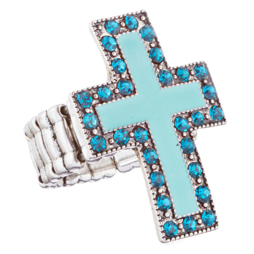 Cross Jewelry Sparkle Crystal Rhinestone Enamel Stretch Fashion Ring R229 Blue