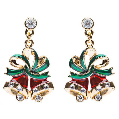 Christmas Jewelry Crystal Rhinestone Twin Bell Holiday Dangle Earrings Red - Accessoriesforever