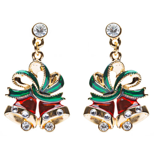 Christmas Jewelry Crystal Rhinestone Twin Bell Holiday Dangle Earrings Red