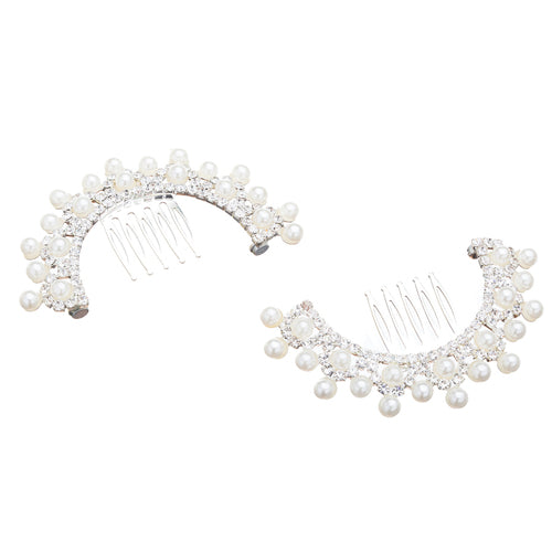 Bridal Wedding Jewelry Crystal Rhinestone Pearl Lined Round Dazzle Hair Comb