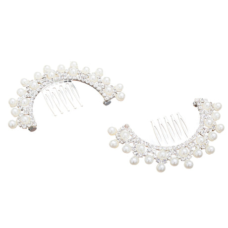 Bridal Wedding Jewelry Crystal Rhinestone Pearl Lined Round Dazzle Hair Comb