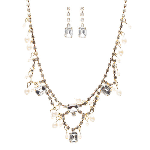 Bridal Wedding Jewelry Crystal Rhinestone Alluring Faux Pearl Necklace J581 Gold