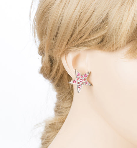 Twinkle Sparkle Crystal Double Star Stud Fashion Earrings Silver Tone Pink
