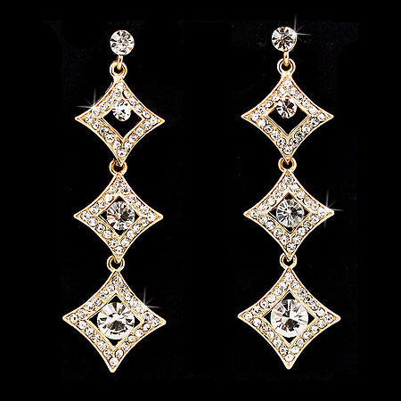 Bridal Wedding Crystal Rhinestone Diamond Link Linear Drop Earrings Gold Clear