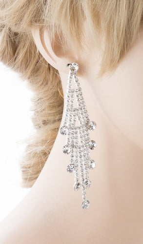 Bridal Wedding Jewelry Crystal Rhinestone Layered Linear Dangle Earrings Silver - Accessoriesforever