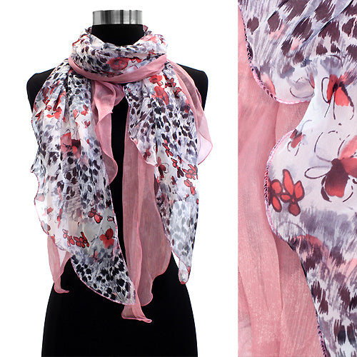 Duo Layered Floral Leopard Animal Chiffon Scarf Pink