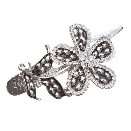 Beautiful Stunning Crystal Single Flower Leaf Hair Pin Clip Hematite Black - Accessoriesforever