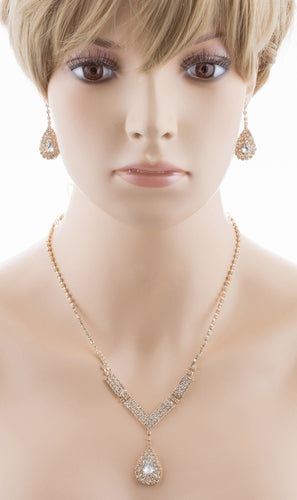 Bridal Wedding Jewelry Set Crystal Rhinestone V Teardrop Necklace Gold