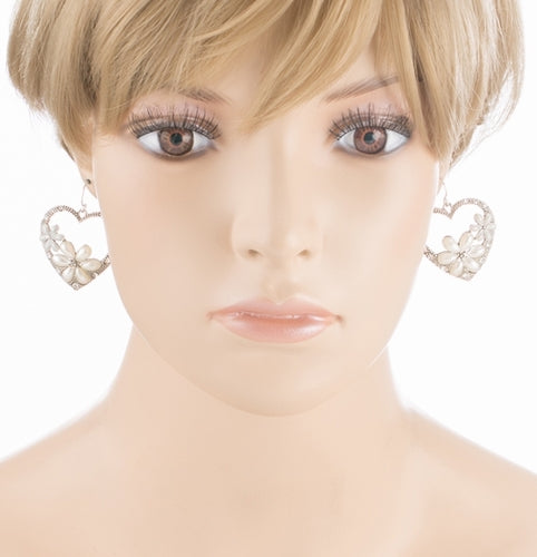 Gorgeous Flower Crystal Rhinestone Fashion Heart Dangle Earrings Silver - Accessoriesforever