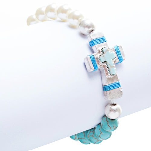 Cross Jewelry Charming Stone Cross Stretch Link Bracelet B493 Turquoise