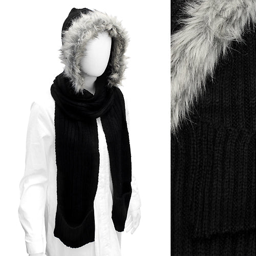 Fur Trim Hood Knit Scarf with Pocket Black