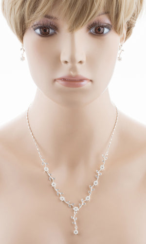 Bridal Wedding Jewelry Set Crystal Pearl Beautiful Flowers Vine Necklace Silver - Accessoriesforever