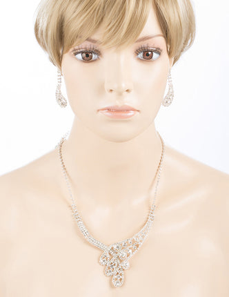 Bridal Wedding Jewelry Set Necklace Earring Crystal Rhinestone Classic Silver - Accessoriesforever
