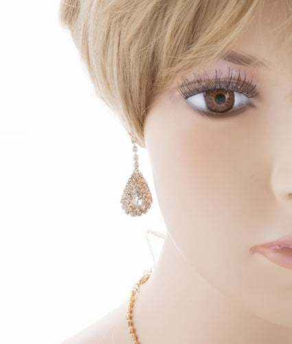 Bridal Wedding Jewelry Set Crystal Rhinestone V Teardrop Necklace Gold