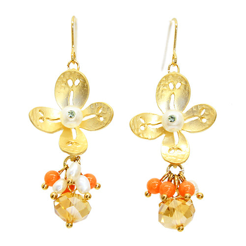 Semiprecious Crystal Cluster Drop Flower Earrings Gold
