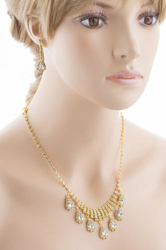Bridal Wedding Jewelry Set Crystal Rhinestone Dangle Teardrop Necklace Gold J261