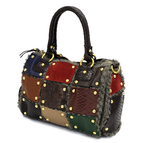 Multi Faux Leather Patchwork Patterned Faux Fur Based Satchel Handbag Bag Brown - Accessoriesforever