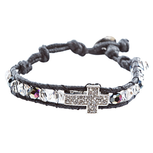 Cross Jewelry Sparkle Crystal Rhinestone Cord Wrap Fashion Bracelet Silver Black