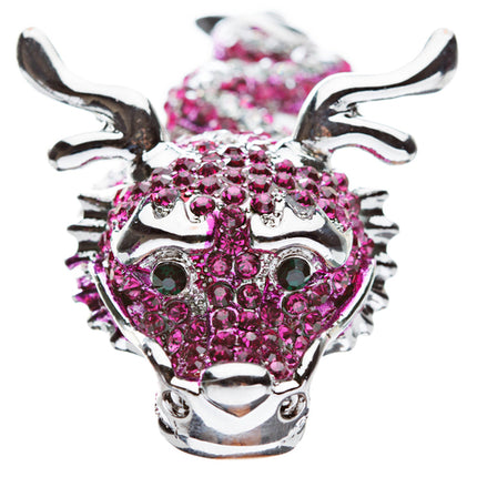 Dragon Fuchsia Pink Clear Crystals Silver Animal Stretch Adjustable Fashion Ring