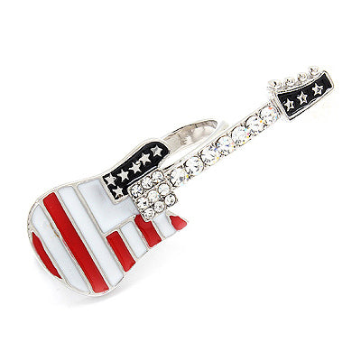 Patriotic American Flag Crystal Rhinestone Guitar Fashion Stretch Ring Silver