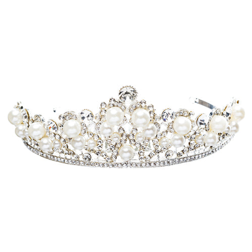 Bridal Wedding Jewelry Crystal Rhinestone Classic Faux Pearl Tiara H172 Silver