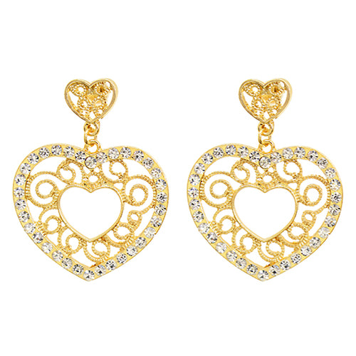 Sophisticated Crystal Rhinestone Heart Shape Dangle Fashion Earrings E313 Gold