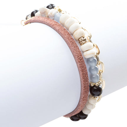 Beautiful Bead Stone Colorful Link Leather Cord Fashion Bracelet B445 Gold Black - Accessoriesforever