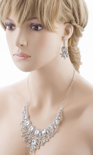 Bridal Wedding Jewelry Set Crystal Rhinestone Luxurious Dazzle Necklace Silver