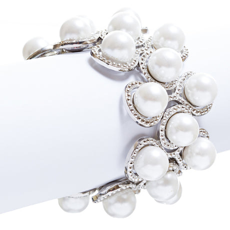 Bridal Wedding Jewelry Crystal Rhinestone Impressive Faux Pearl Bracelet B499 SV