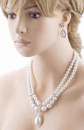 Bridal Wedding Jewelry Crystal Rhinestone Double Strand Pearl Classic Necklace