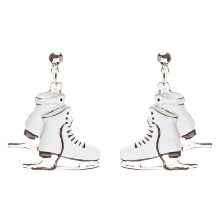 Christmas Jewelry Ice Skating Shoes Silver Tone White Dangle Charm Earrings - Accessoriesforever