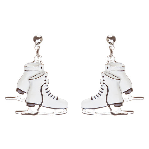 Christmas Jewelry Ice Skating Shoes Silver Tone White Dangle Charm Earrings - Accessoriesforever