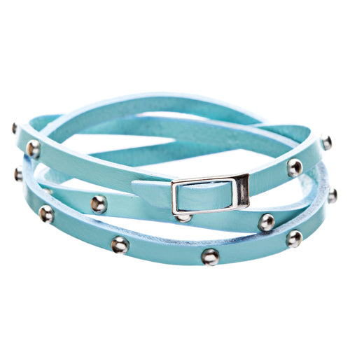 Blue Silver Studded Italian Calf Leather Wrap Bracelet