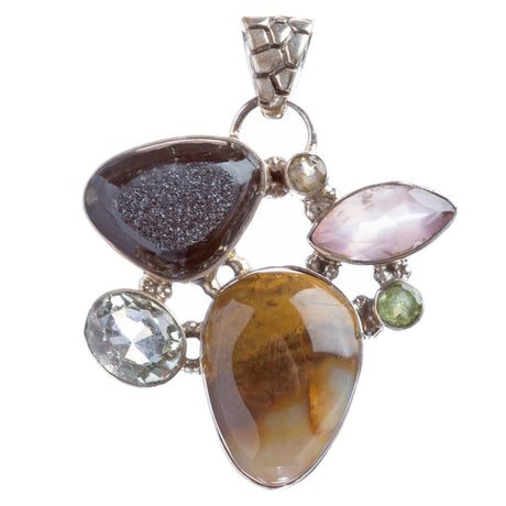 925 Sterling Silver Natural Gemstones Druzy Agate Amethyst Pendant FJSVP2091