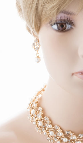 Bridal Wedding Jewelry Set Necklace Rhinestone Pearl Leaf Gold Ivory Cream