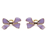 Gorgeous Fashion Ribbon Bow Design Enamel Small Stud Earrings Gold Purple