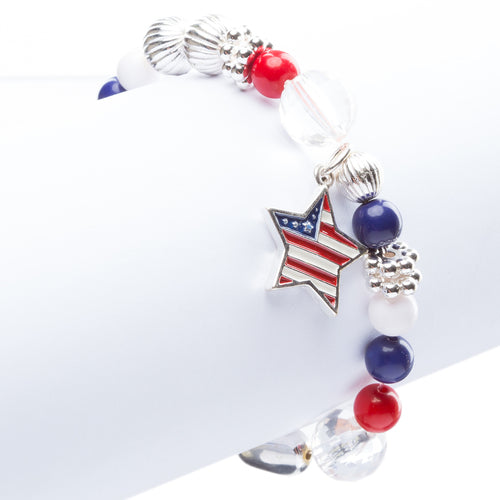 Patriotic American Flag Star Charm Bead Stretch Fashion Bracelet B365 Multi - Accessoriesforever