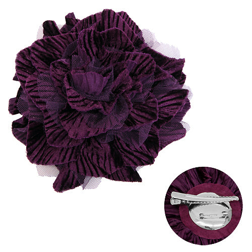 2-Way Velvet Big Flower Corsage Brooch Hair Pin Purple