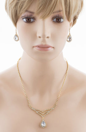 Bridal Wedding Jewelry Set Crystal Rhinestone Elegant TD V-Drop Necklace Gold - Accessoriesforever
